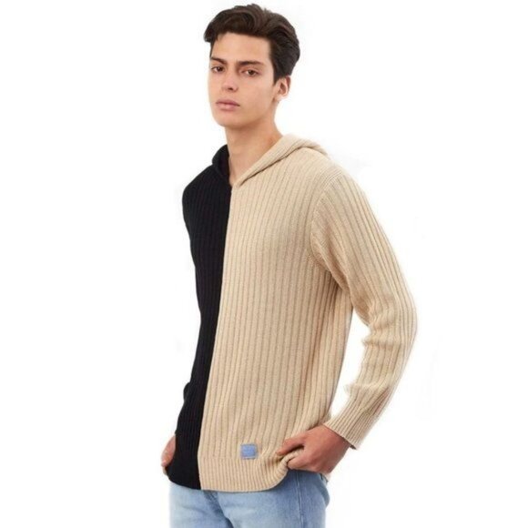 Reuben Oliver Two Toned Ribbed Hoodie in Tan Black - Picture 2 of 4